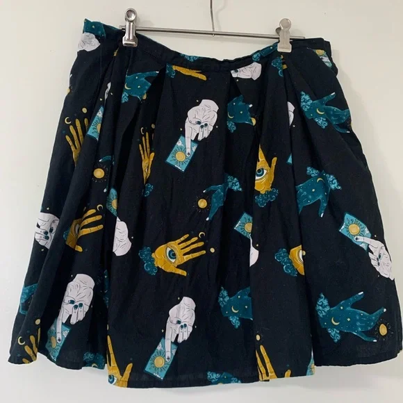 Dangerfield black gold + teal cotton tarot design flared mini skirt - Picture 1 of 8